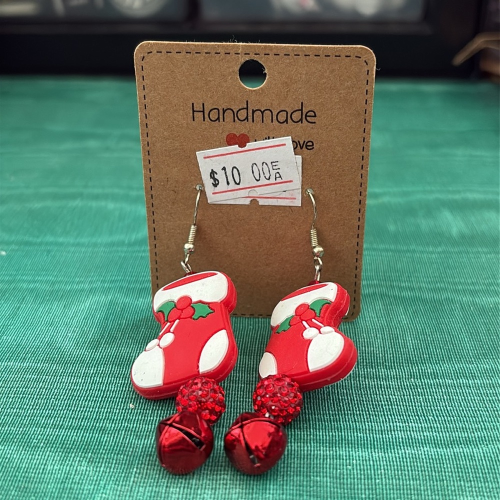 Handmade Christmas Stocking Rhinestone Bell Earrings - Picture 3 of 13